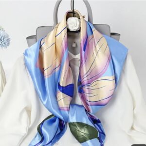 blue color floral printed satin square scarf/stole