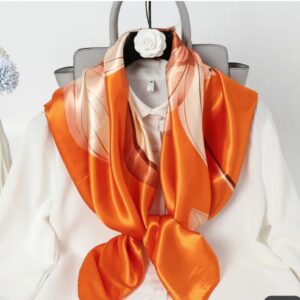 Orange color satin square satin floral print scarf/stole