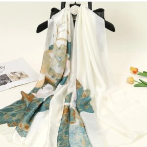 White color long satin floral printed scarf