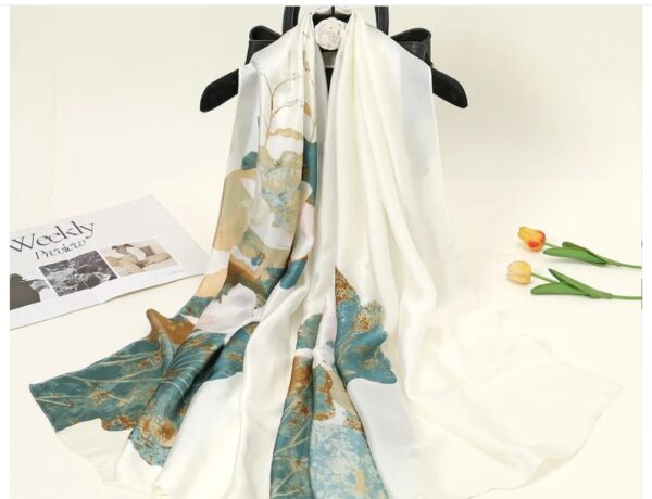 White color long satin floral printed scarf