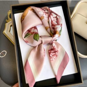 Satin square scarf/neckerchief pink color rose flower printed