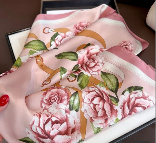 Satin square scarf/neckerchief pink color rose flower printed