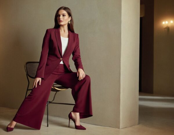 women's wearing marron color blazer is sitting on a stool in white background