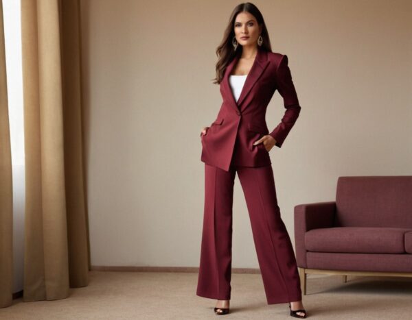 women's wearing marron color blazer in white background