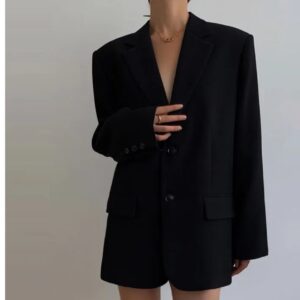 women wearing black color long blazer