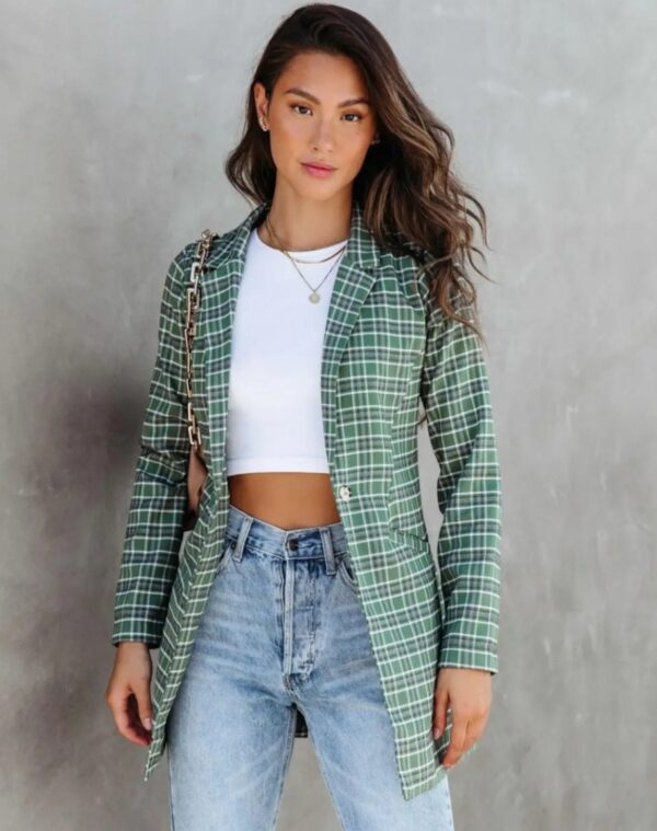 green color checked printed blazer