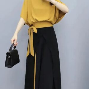 mustard color top and black pant set