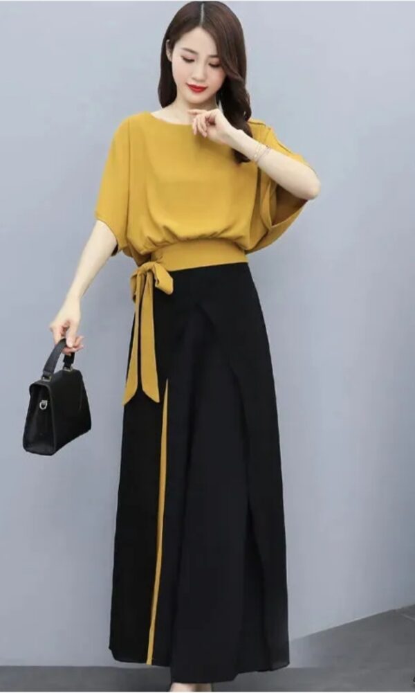 mustard color top and black pant set