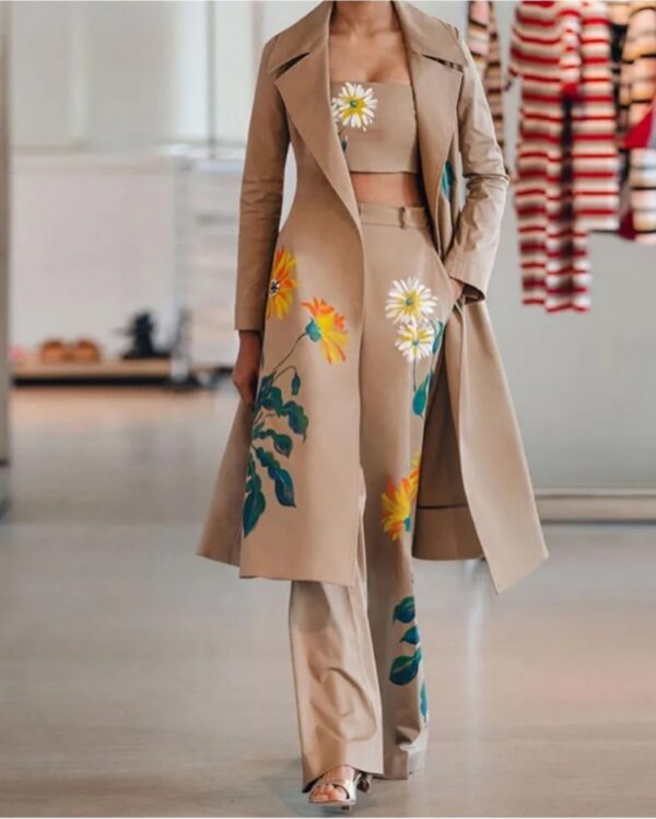 beige color long blazer and pant set with hand painted floral design