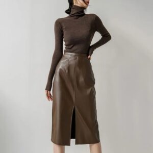 brown color leather skirt