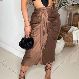 brown color satin skirt for women's