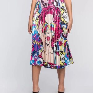 face printed pleated satin skirt