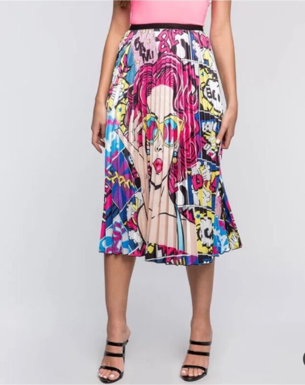 face printed pleated satin skirt