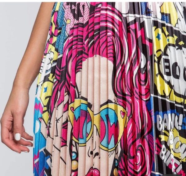 face printed pleated satin skirt