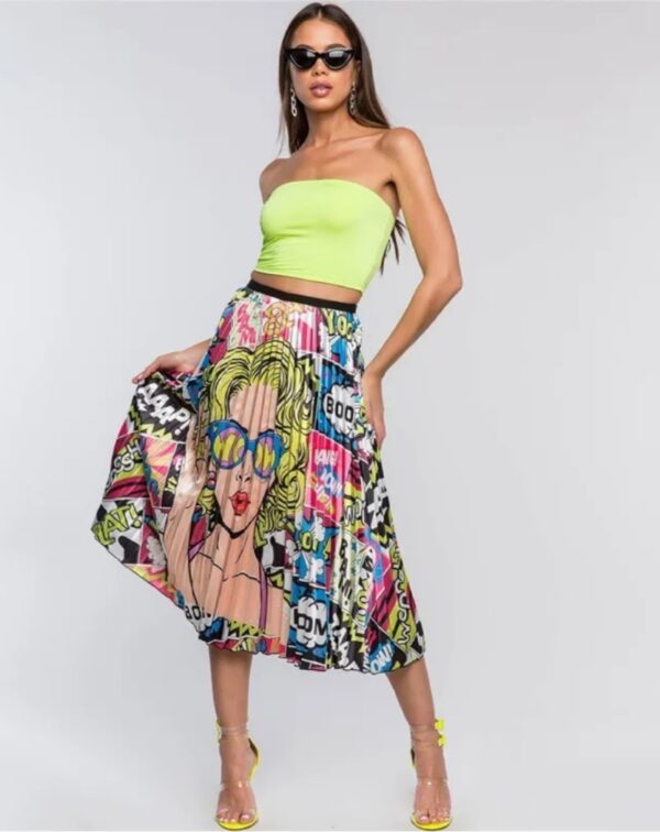 face printed pleated satin skirt