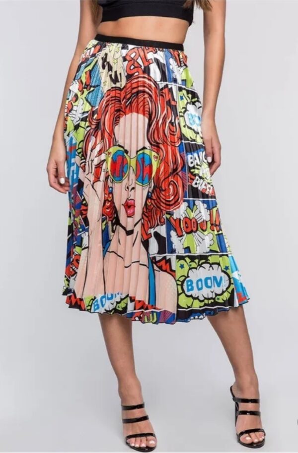 face printed pleated satin skirt